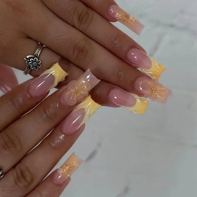 24pcs Fresh Long Coffin Fake Nails Yellow French Style Flower Printed Metal Butterfly Designs Press On Nails Summer False Nail