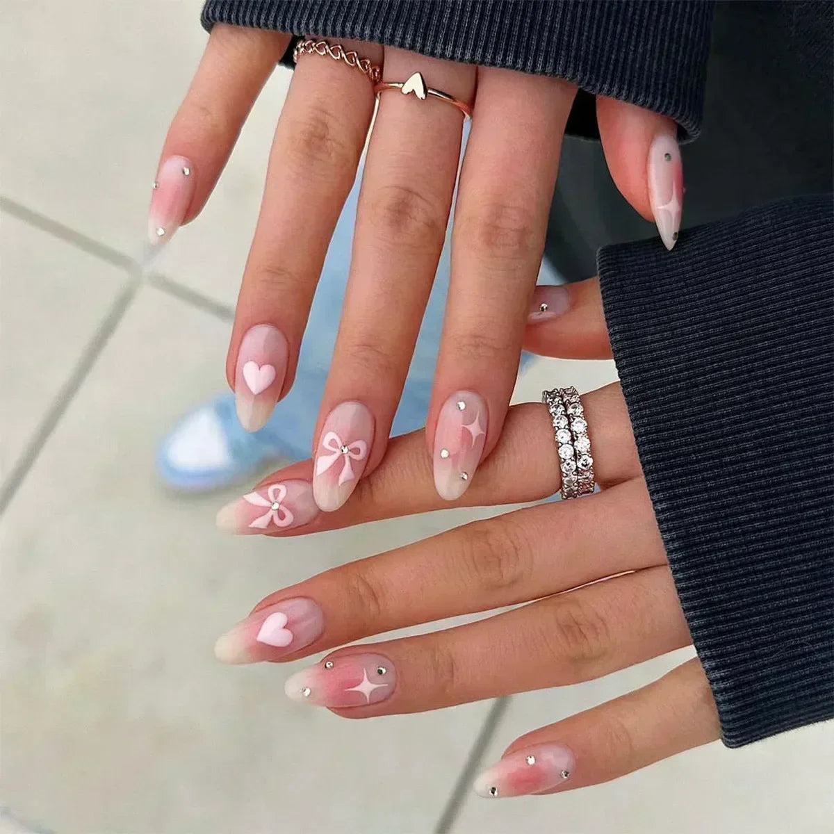 24Pcs Stiletto Press on Nails Glitter Almond False Nails French Tip Fake Nails with Glue Detachable Full Cover Acrylic Nail Tips