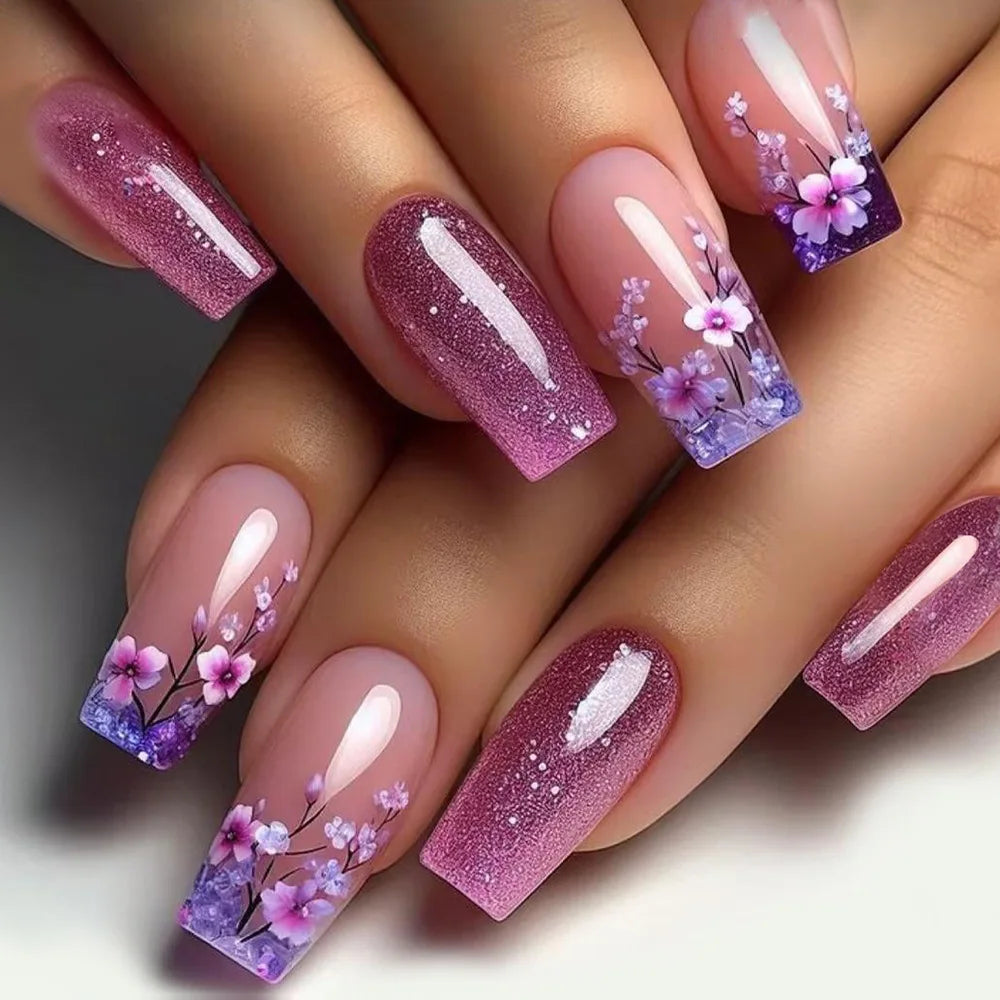 24pcs Press on Nails Flower Design Mid-length Ballet False Nail Fashion Brown Full Cover Manicure Tips Datachable Fake Nails Set