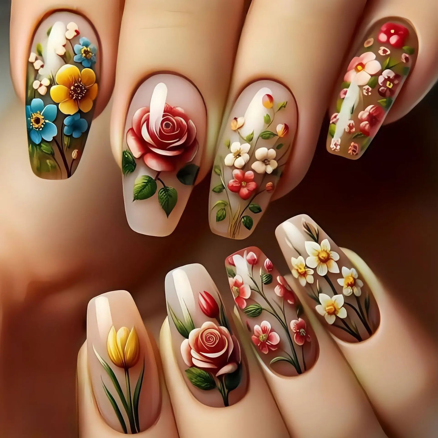 24Pc Colorful Sunflower Pattern Design Fake Nails Detachable Long Ballet Press on False Nails Fashion Nails Art Tips for Spring.