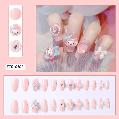 24Pcs 3D kuromi press on nails Y2K Cartoon Handmade Fake Nails Black Gel nail Wearable Nails Cinnamoroll Melody Anime False Nail
