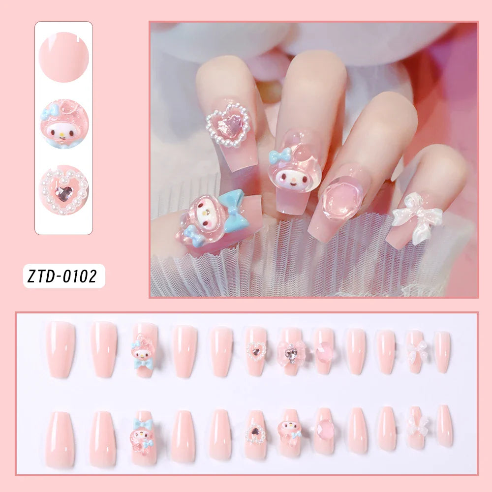 Sanrio Kawaii Pink My Melody Fake Nails 24Pc 3D kuromi Anime Cute Nail Patches False Nail Tips Cartoon Y2K Fashion Press on Nail