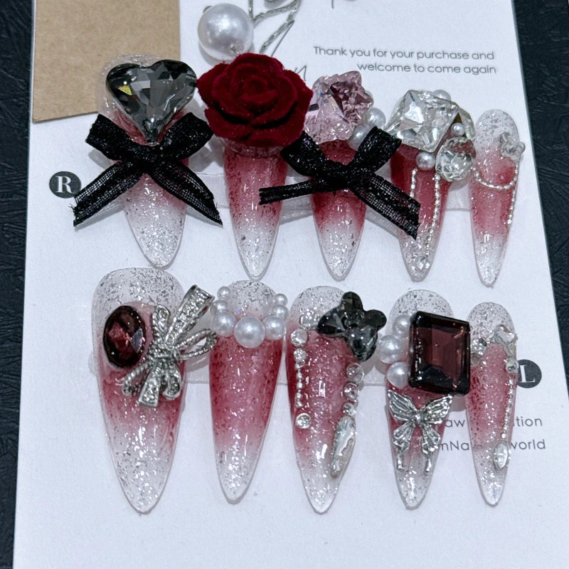 10pc Stiletto Almond Press On Nails Dark Black Fake Nails With Butterfly Star Design Hot Girl Detachable Full Cover Nail Art Tip