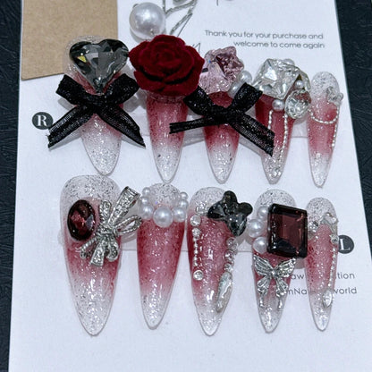 10pc Stiletto Almond Press On Nails Dark Black Fake Nails With Butterfly Star Design Hot Girl Detachable Full Cover Nail Art Tip