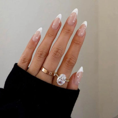 24Pcs Long Almond Fake Nails with White Edge Design Wearable French Press on False Nails Simple Full Cover Nail Tips Manicure