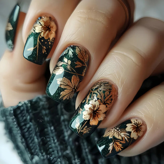24pcs/set Medium fake nails for women girls glossy green golden red flowers New year Square ballet nail tips press on false nail