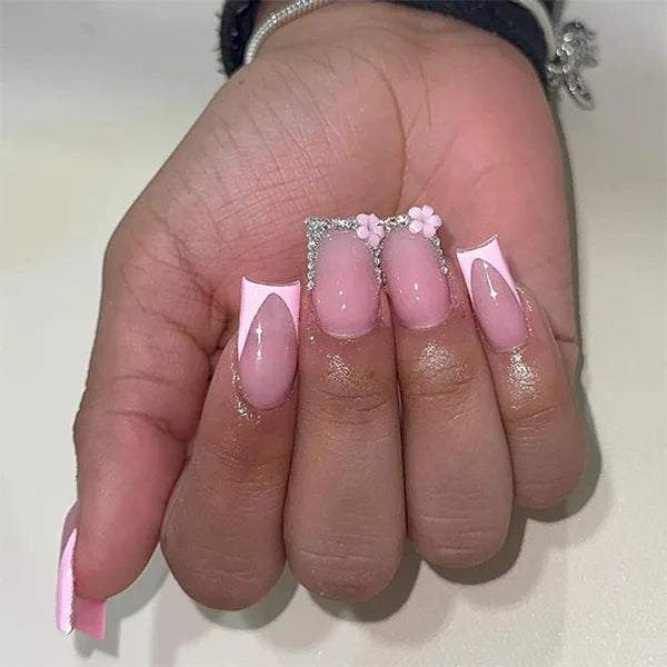 24Pcs Mid-length French Pink Square Head Press on False Nails Flash Drill Wearable Finished Manicure Full Cover Nail Tips
