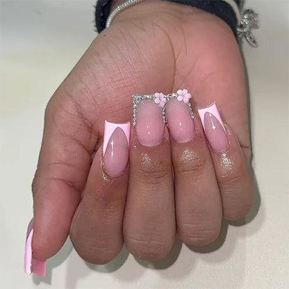 24Pcs Mid-length French Pink Square Head Press on False Nails Flash Drill Wearable Finished Manicure Full Cover Nail Tips