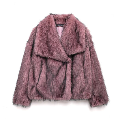 KONDALA 2025 Fall Winter Casual Faux Fur Brown Women Warm Jackets Streetwear Turn Down Collar Christmas Oversized Elegant Coats
