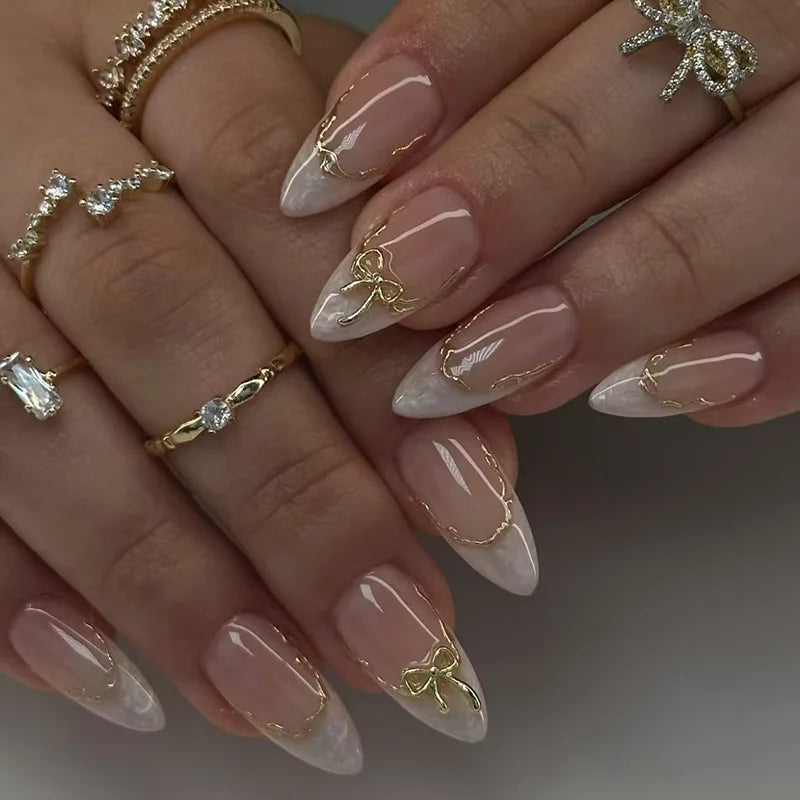 24pcs French Fake Nails Finished Almond Nails Sets with Golden Bow Design False Nail Art Simple Datachable Press on Nails Tips