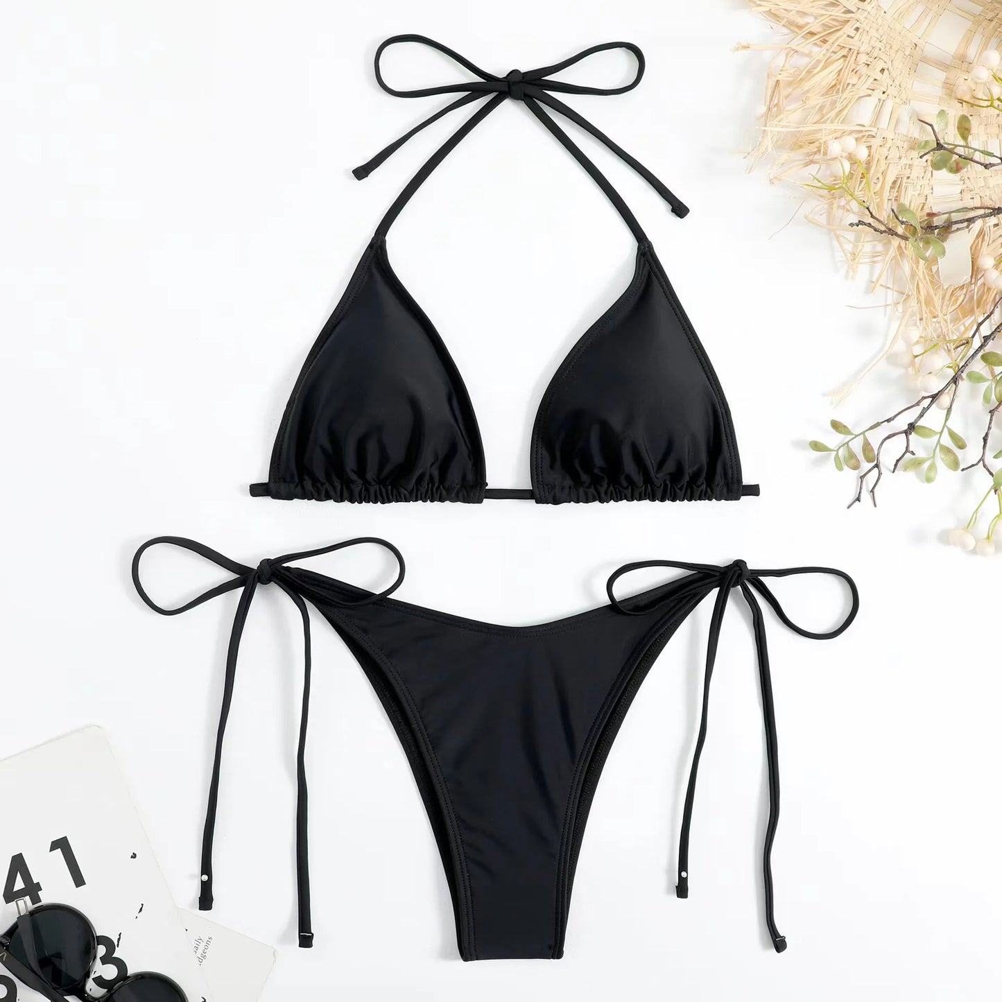 Bikini three-point swimsuit sexy drawstring strap halter bikini solid color lace-up split swimsuit
