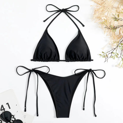 Bikini three-point swimsuit sexy drawstring strap halter bikini solid color lace-up split swimsuit
