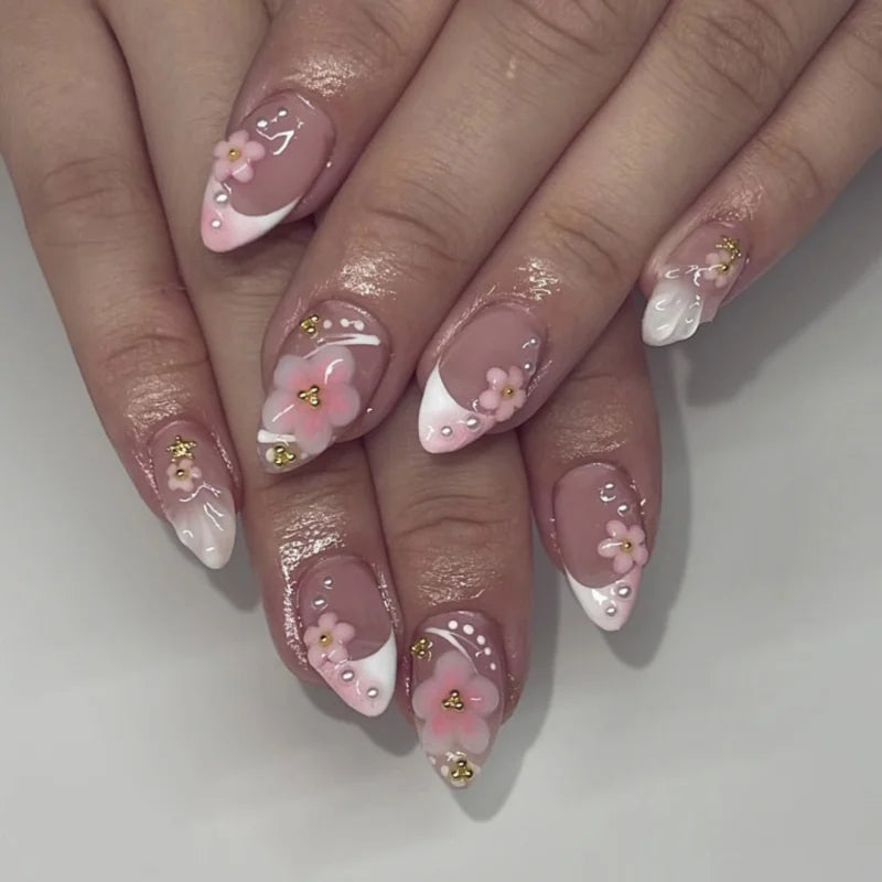 24pcs Almond False Nails Tips Summer Beach Colorful Nails Sets with Pearl Flower Design Press on Nails Art Wearable Fake Nail