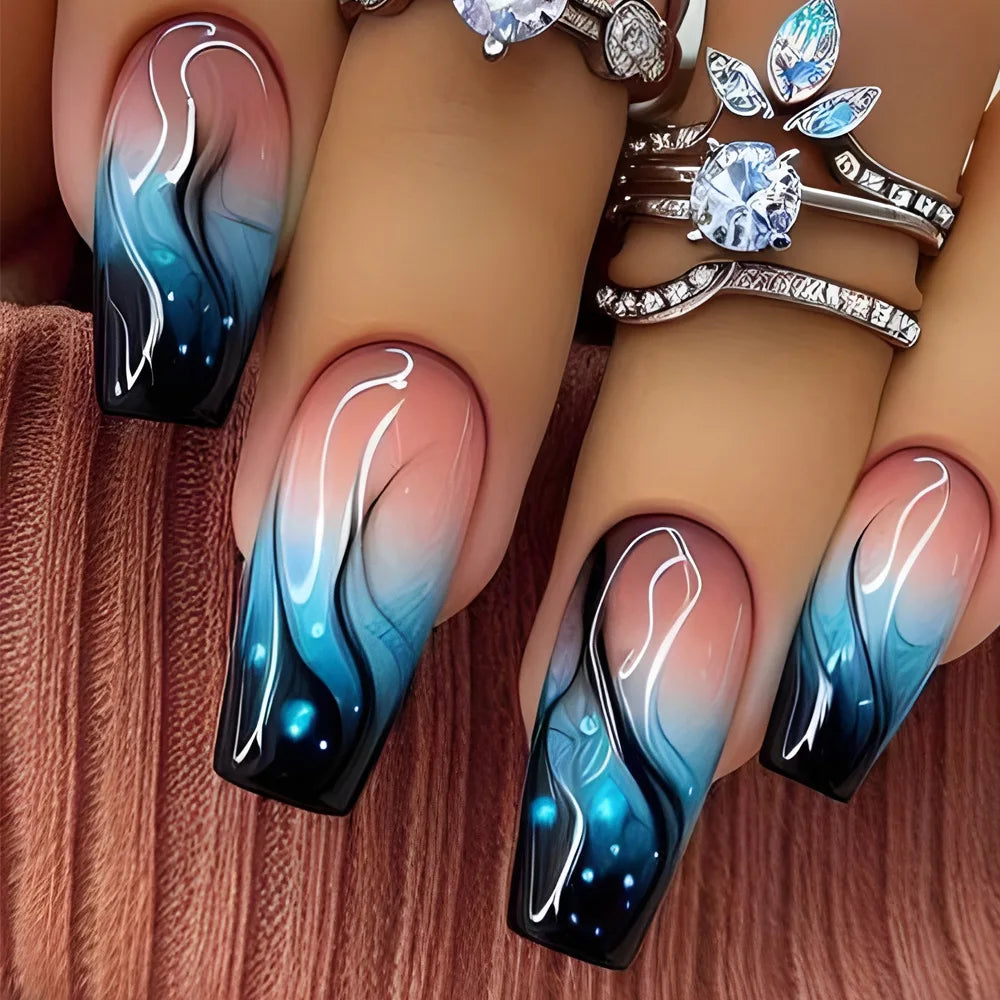 24pcs Golden Stripe Press on Nails Shiny Powder Love Design Long Square False Nails Wearable Full Cover Nail Tips Blue Fake Nail