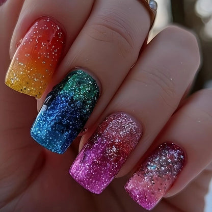 Short Medium long fake nails for women golden green pink blue sparkling glitter french tips ballet square almond press on nails