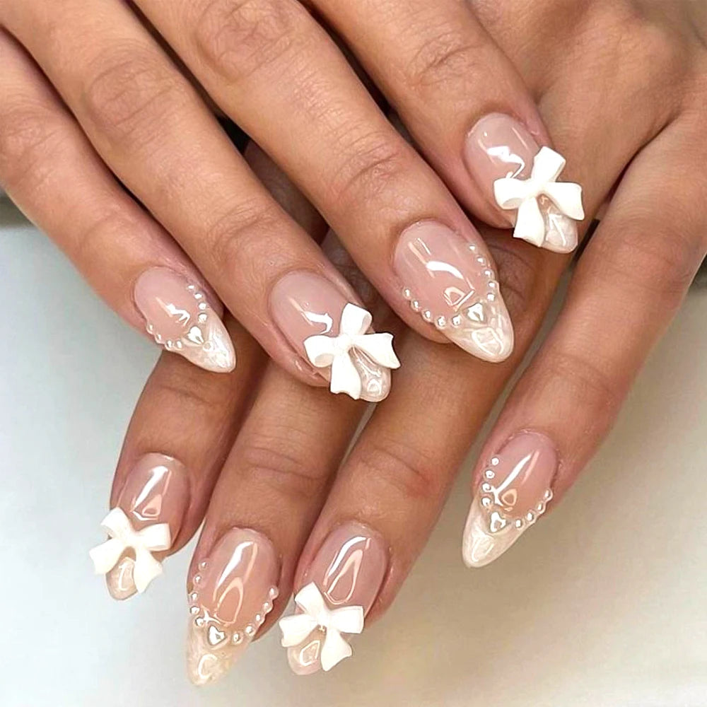 24Pcs Bow Pearl Press on Fake Nails Nude Pink Almond French Stick on False Nail Korean Sweet Girls Wearable Press on Nail + TOOL