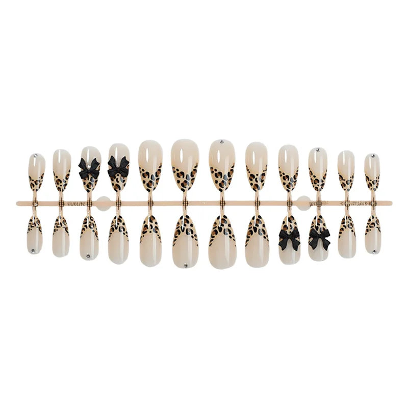 24pcs Almond-Shaped Nails Leopard Print Featuring a French Tip Design And 3D Bow Decor Glossy Full Coverage Press-On Fake Nails