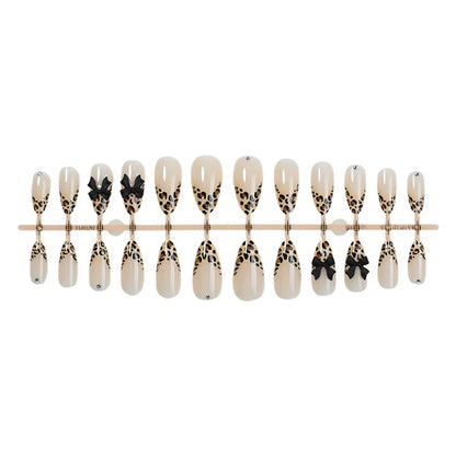 24pcs Almond-Shaped Nails Leopard Print Featuring a French Tip Design And 3D Bow Decor Glossy Full Coverage Press-On Fake Nails