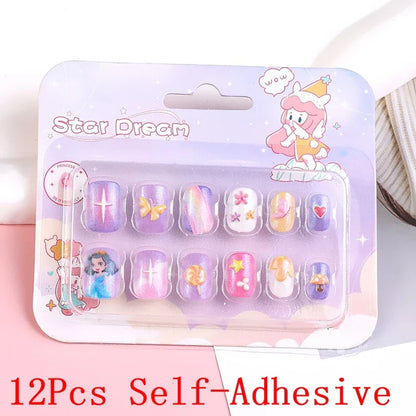 12pcs/Box Children Acrylic Fake Nails Safe Non-Toxic Adhesive Fake Nail DIY Artificial Fingernails for Girls Children's Day Gift