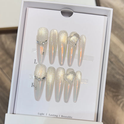 10pcs Long Almond Fake Nails Tips With Green Cat's Eye Handmade French Press On Nail Flower Pearl Design False Nail Detachable