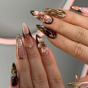24Pcs Gold Ripple Brown Flowers False Nails with Rhinestones Pearl Design Wearable Almond False Nails Full Cover Press on Nails