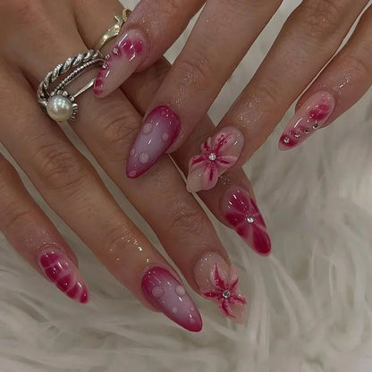 24Pcs Pink Almond False Nails Butterfly Ballet with French Design Wearable Fake Nails Simple Artificial Press on Nails Tips Art