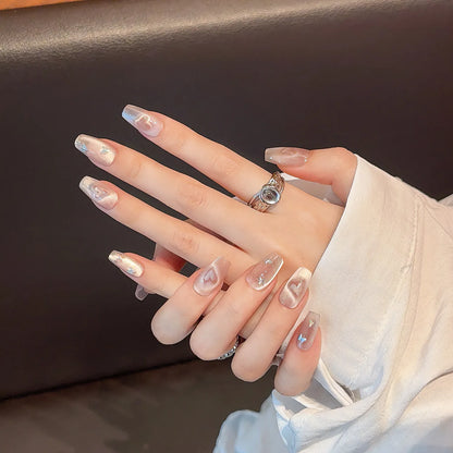 Handmade Press on Nails Sweet Pink Cat Eye Fake Nails Wearable Full Cover Shiny Love Korean Oval Head Fake Nails Manicure Set