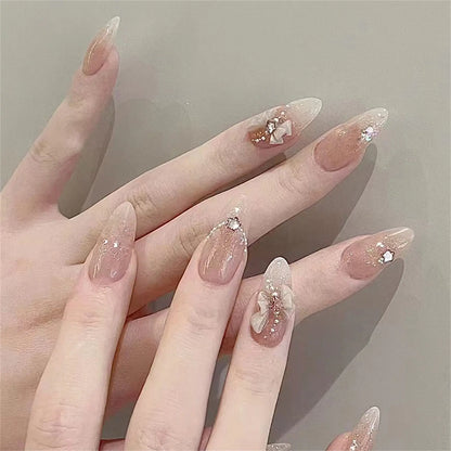 24pcs Short Almond Pink French False Nails Star Design Press on Nails Fake Nails DIY Manicure Detachable Stick-on Nail Tips
