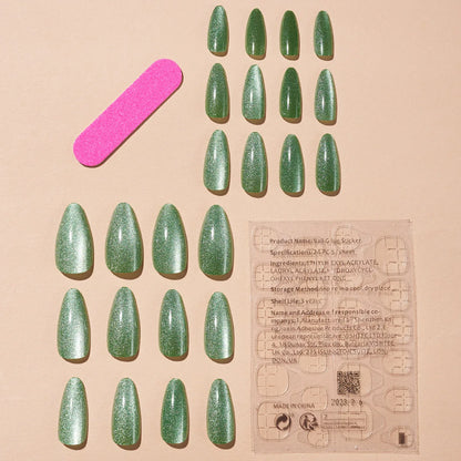 24pcs/box Long Almond Green Cat's Eye False Nails Glitter Aurora Artificial Fake Nails Press On Round Nail Tips Fashion Nail Art
