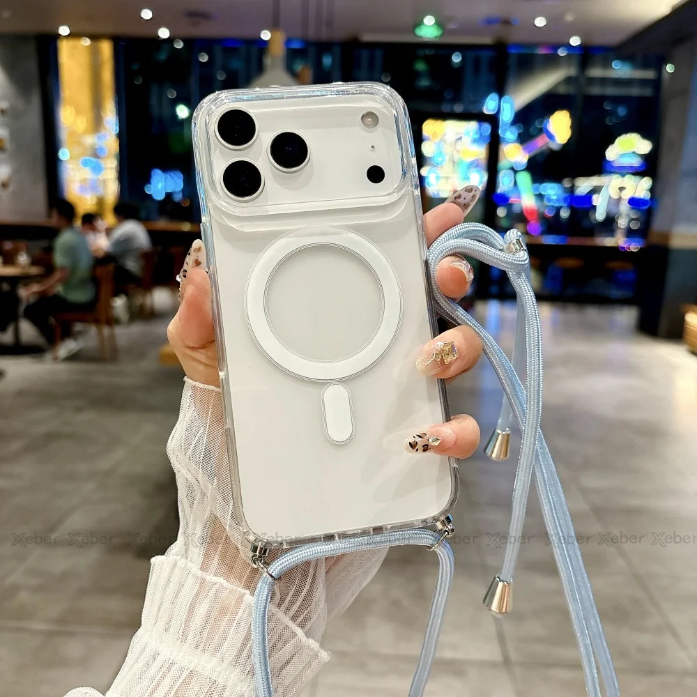 Crossbody Lanyard Necklace Rope Clear Case For iPhone 13 14 Plus 15 16 17 Pro Max For Magsafe Magnetic Wireless Charging Cover