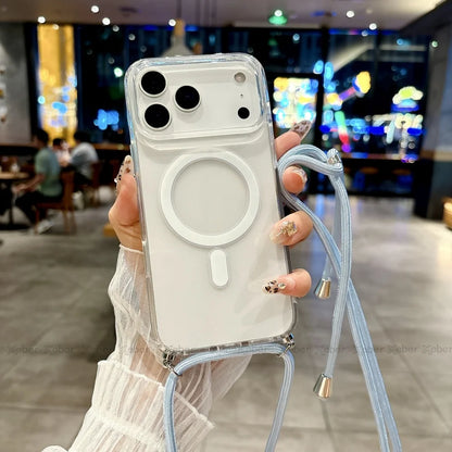 Crossbody Lanyard Necklace Rope Clear Case For iPhone 13 14 Plus 15 16 17 Pro Max For Magsafe Magnetic Wireless Charging Cover