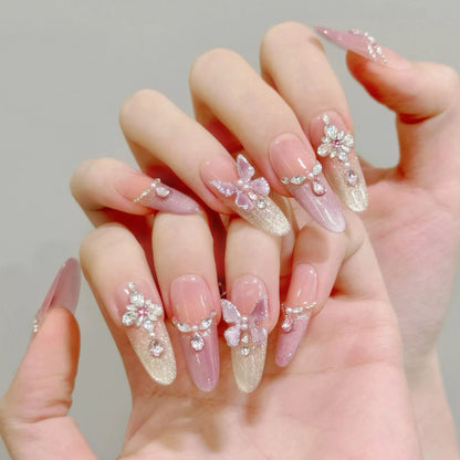 10pcs Handmade Press On Nails Almond 3D Crystal Butterfly False Nails Decor Glitter French Tip Fake Nails Elegant Blush Nail Art