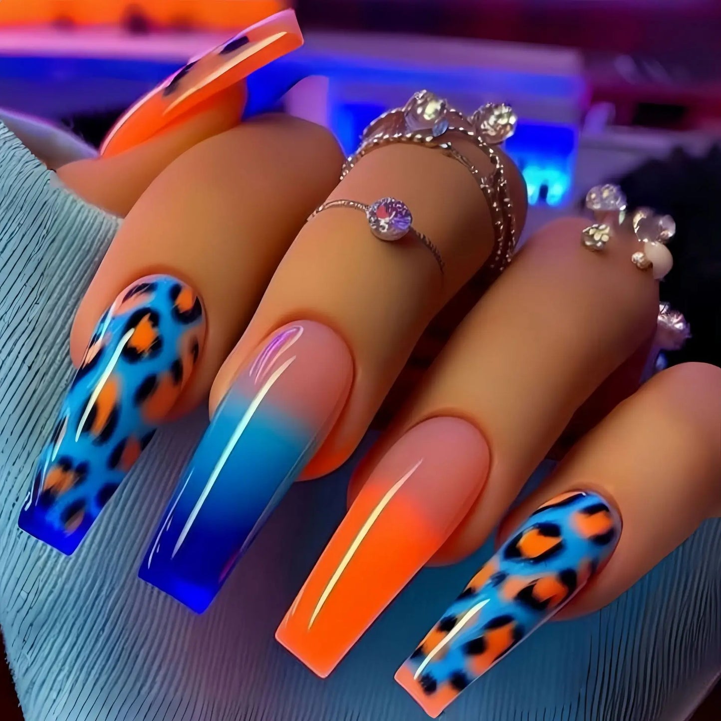 Short Medium long fake nails Square ballet nail tips Gradient purple pink blue leopard flame Y2K press on false nail art set