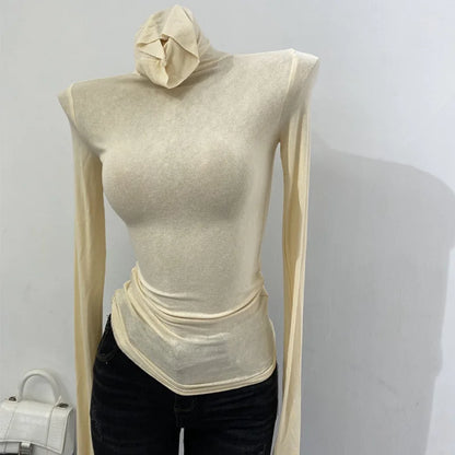 Korean style standing collar long sleeved T-shirt, high collar bottom shirt, women's slim fit slightly transparent top