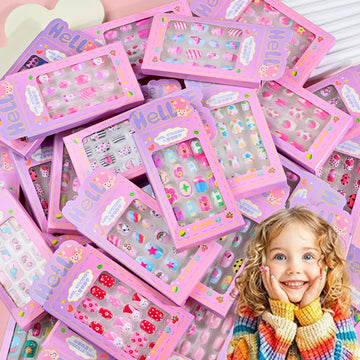 24Pcs/box Kids nails for Girl Cartoon Pattern False Nail Cute Child Fake Nails Tips Kawaii Acrylic Artificial Press on Nail+Tool