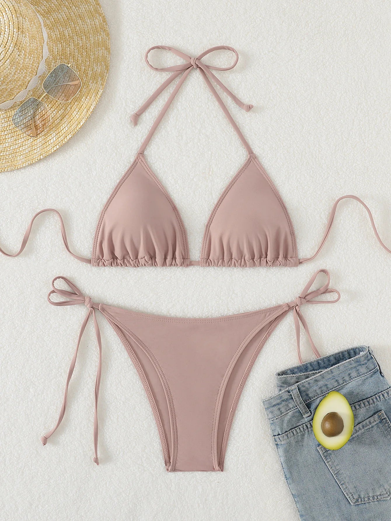 Bikini three-point swimsuit sexy drawstring strap halter bikini solid color lace-up split swimsuit