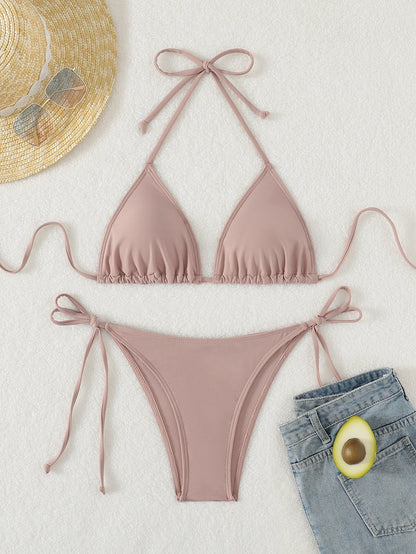 Bikini three-point swimsuit sexy drawstring strap halter bikini solid color lace-up split swimsuit