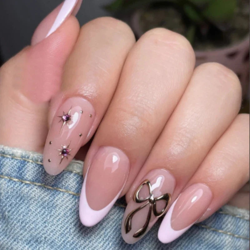 24pcs Short Almond Pink French False Nails Star Design Press on Nails Fake Nails DIY Manicure Detachable Stick-on Nail Tips