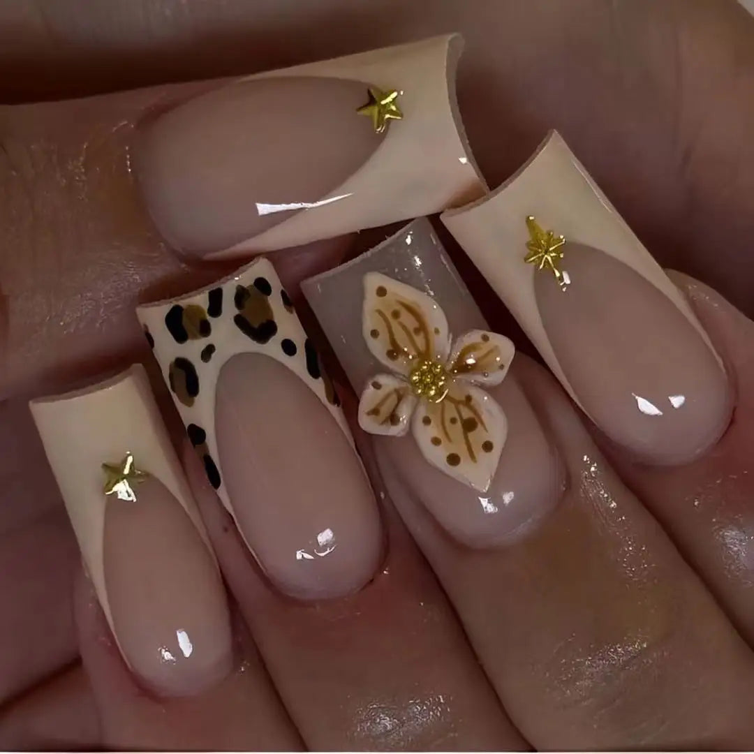 24pcs Mid-length Press on Nails Pink French Full Cover Flower Design Fake Nail Reusable Pearl False Nail with Jelly Glue Nails