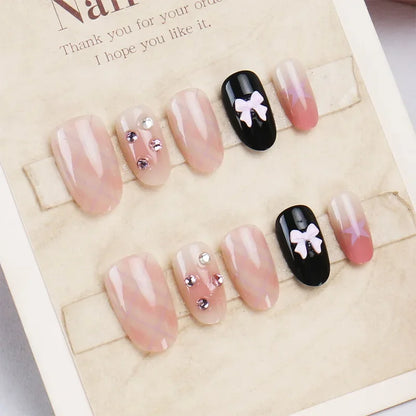 24PCS Cute Red Bowknot Short Oval Press on Nail with Glue Cartoon Cat Glossy French Fake Nails for Girls Wearable Ins Nail Tools