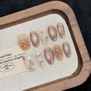 10 PCS Luxury Handmade Press on Nails Short Oval Temperament cat's eye Design with 3-PIECE Tool Adhesive Nail Glue Tabs