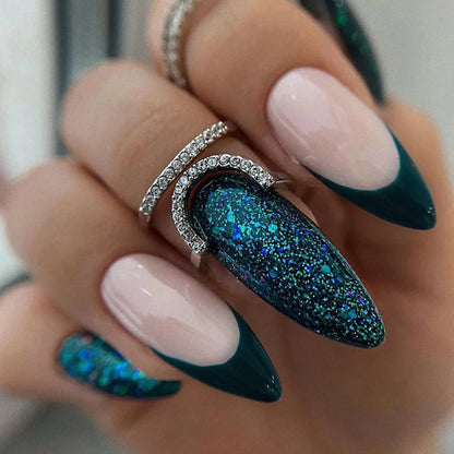 Short Medium long fake nails for women golden green pink blue sparkling glitter french tips ballet square almond press on nails