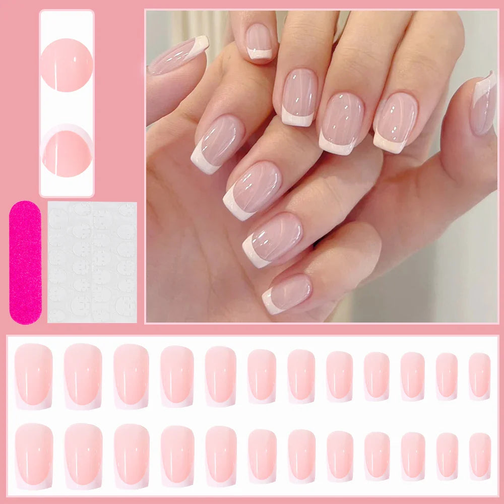 24Pcs Bow Pearl Press on Fake Nails Nude Pink Almond French Stick on False Nail Korean Sweet Girls Wearable Press on Nail + TOOL