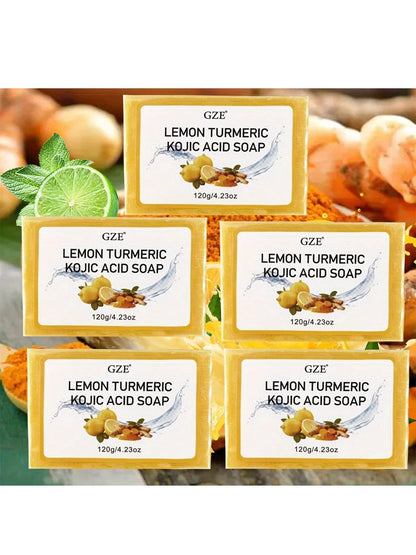 5 Pack GZE Body Restore Lemon Turmeric Kojic Acid Soap, with Shea Butter, For Face Dark Spots, Body, Rejuvenating, Exfoliating