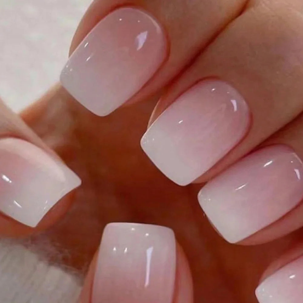 24Pcs Shiny Pearl Wearable False Nails Short Square Fake Nail Simple Summer Press on Nails Detachable Full Cover Nail Tips