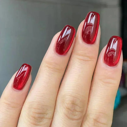 24pcs Crystal Cat Eye False Nails with Glue Short Square Press on Nails Shiny Red Jewel Nail Solid Color Fake Nails Minimalis