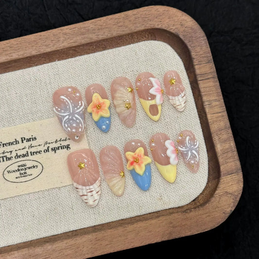 10pcs Handmade Press On Nails Almond False Nails 3D Starfish Flower Decor Glitter French Fake Nails Fashion Flash Y2K Nail Art
