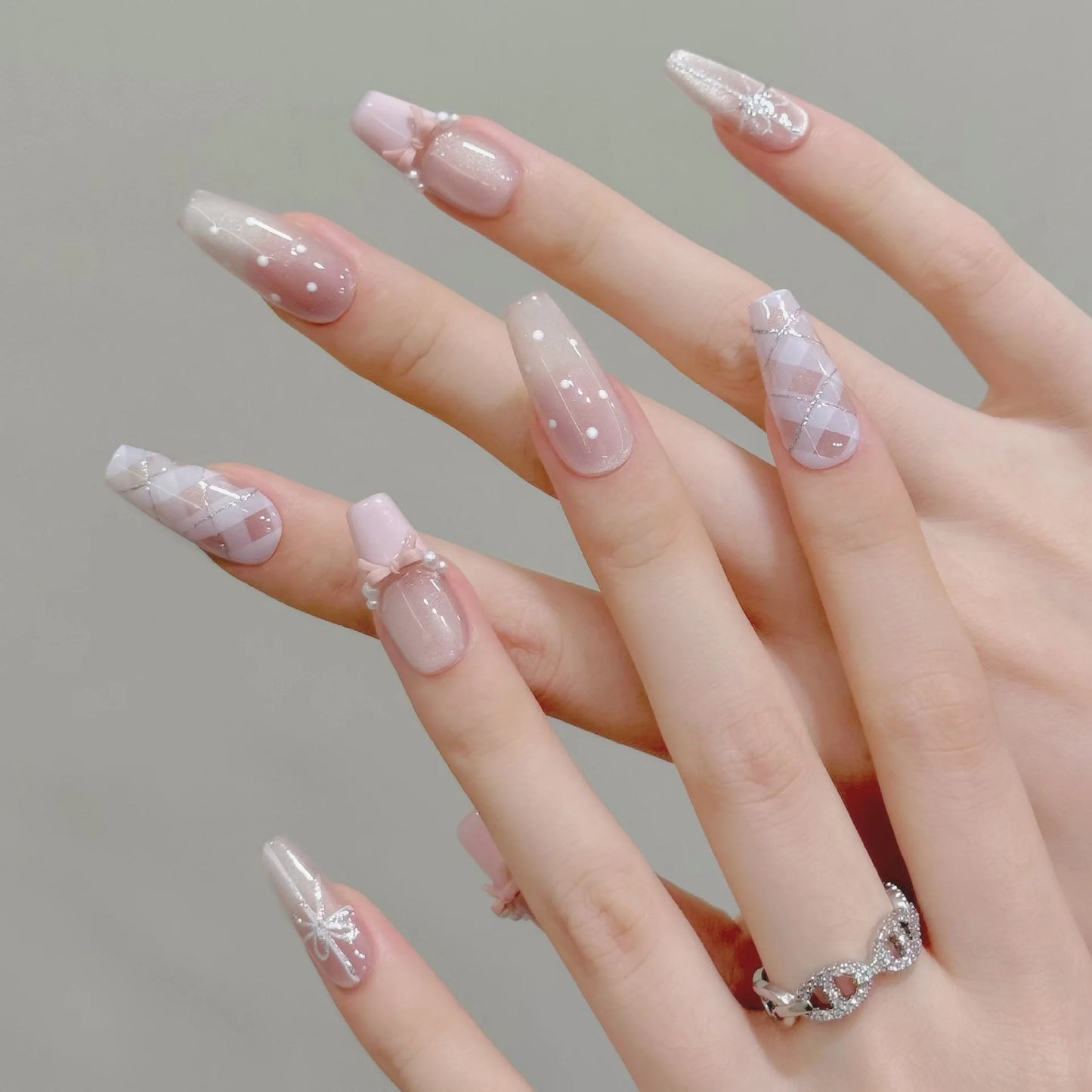 10pcs Handmade Press on Nails Sweet 3D Bow Decor Cat's Eye Fake Nail Tips Wearable Detachable Ins Plaid Pink French False Nails