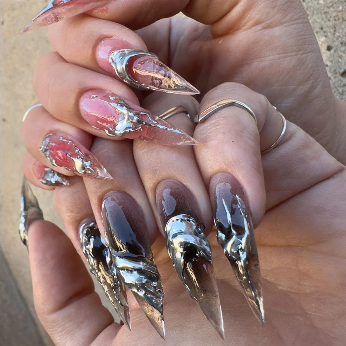 24Pcs Y2k Almond Acrylic Nails Full Cover 3D Diamond Black Nail Art Sweet Cool French Wearable Fake Nail Manicure Tips for Girls
