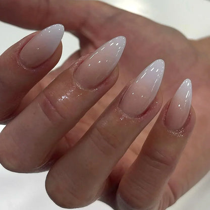 Glossy Press on Nails Set Short Oval Shiny Gradient French Nail Art Design Reusable Full Cover Fake Nails with Glue for Girls